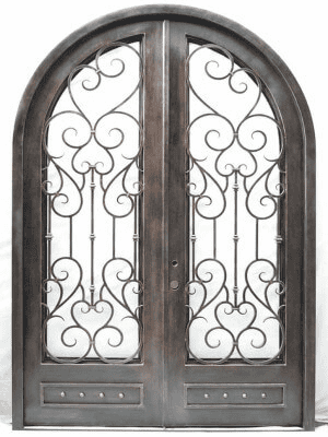 Double arched wrought iron door EL981 MCD with classic scroll design, handcrafted for durability and timeless luxury style.