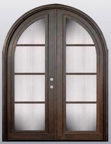 Double arched wrought iron door EL1141 MCD with reeded glass panels and bronze patina finish, handcrafted for luxury entryways.