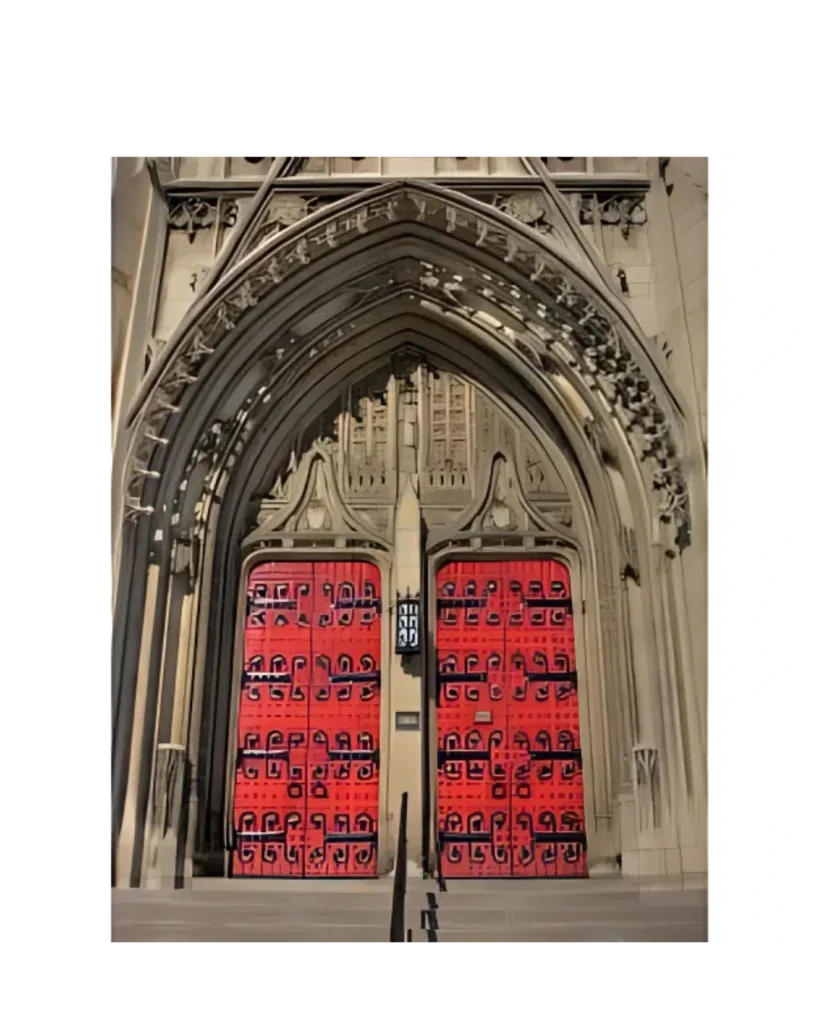 Gothic red wood panel church door EX7003 MCD handcrafted for sacred design