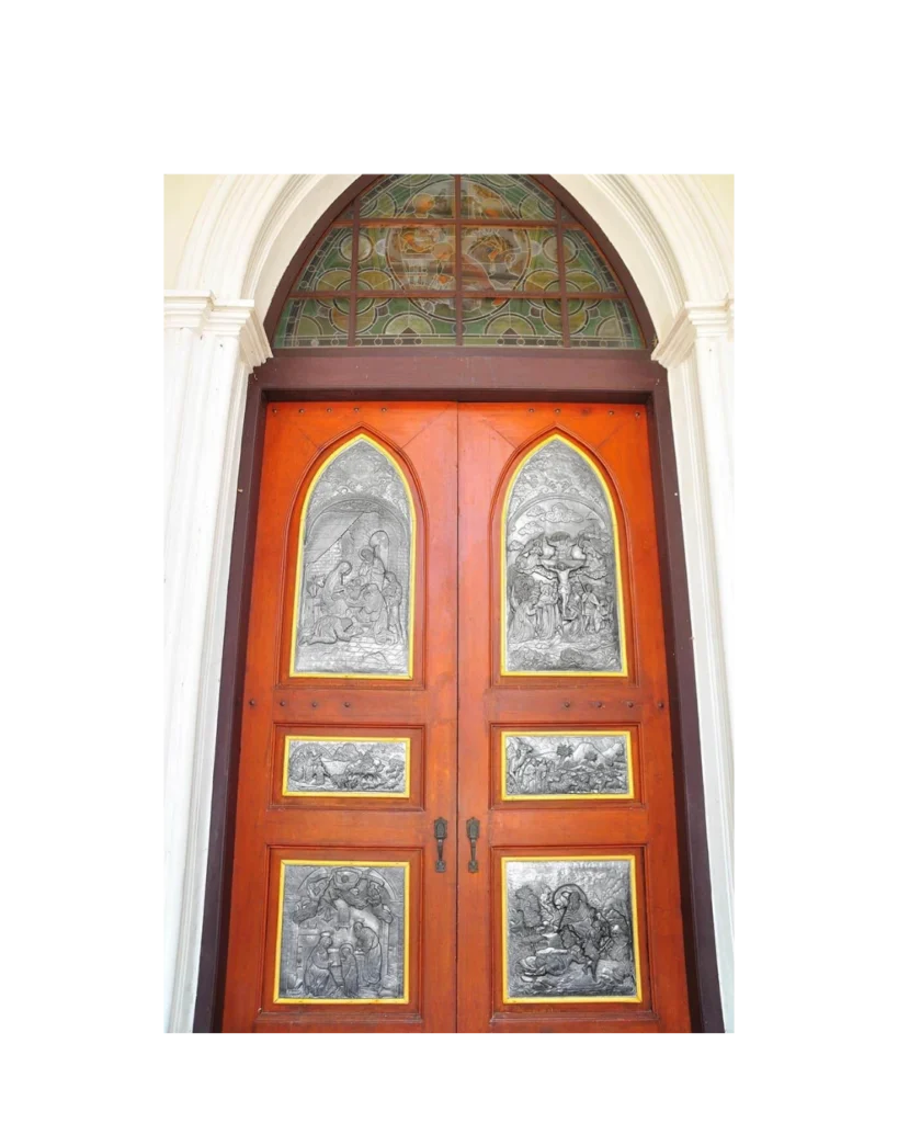 Gothic style sacred wood and metal church door EX7009 MCD with embossed sacred panels and gold framing