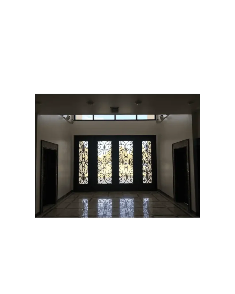 Black wrought iron church door EX7021 MCD with cross scrollwork and glass panels