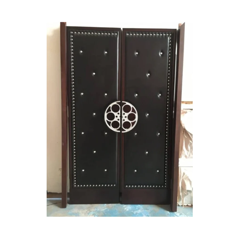 Black Leather Soundproof Home Theater Door with Film Reel Accent HT42 MCD.