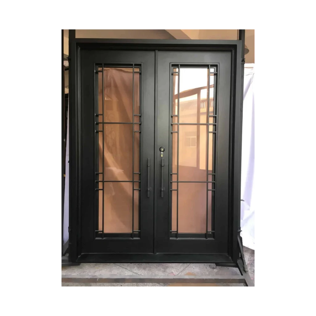 Modern wrought iron door EL1164 MCD with geometric mullions, handcrafted for contemporary security and elegance.