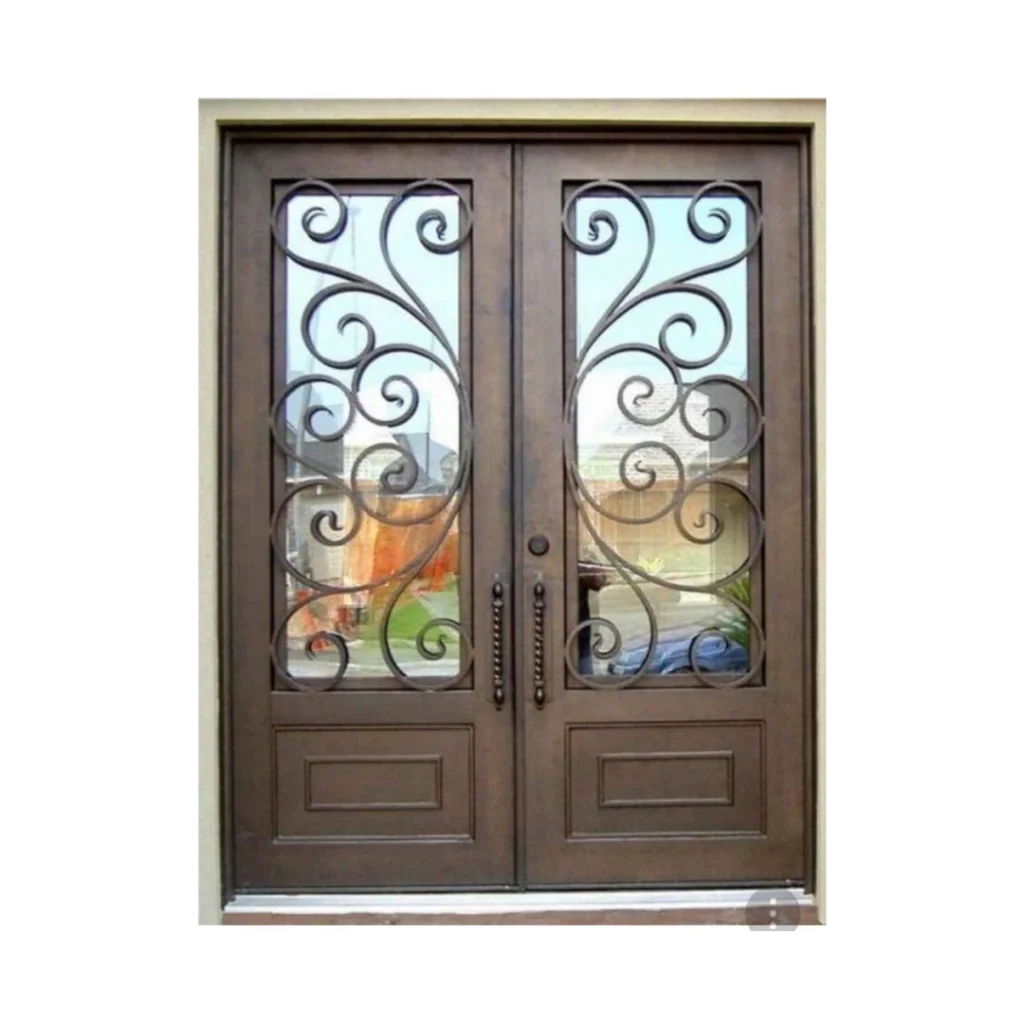 Ornate double wrought iron door EL1190 MCD with scroll motifs and bronze patina, handcrafted for classic homes.