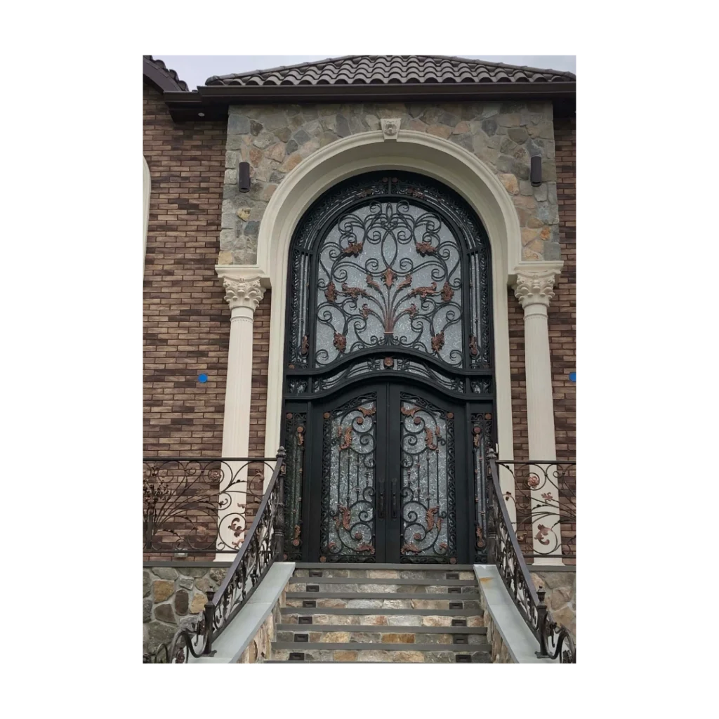 Ornate grand arched wrought iron door with scroll and glass panels – EL1256 MCD