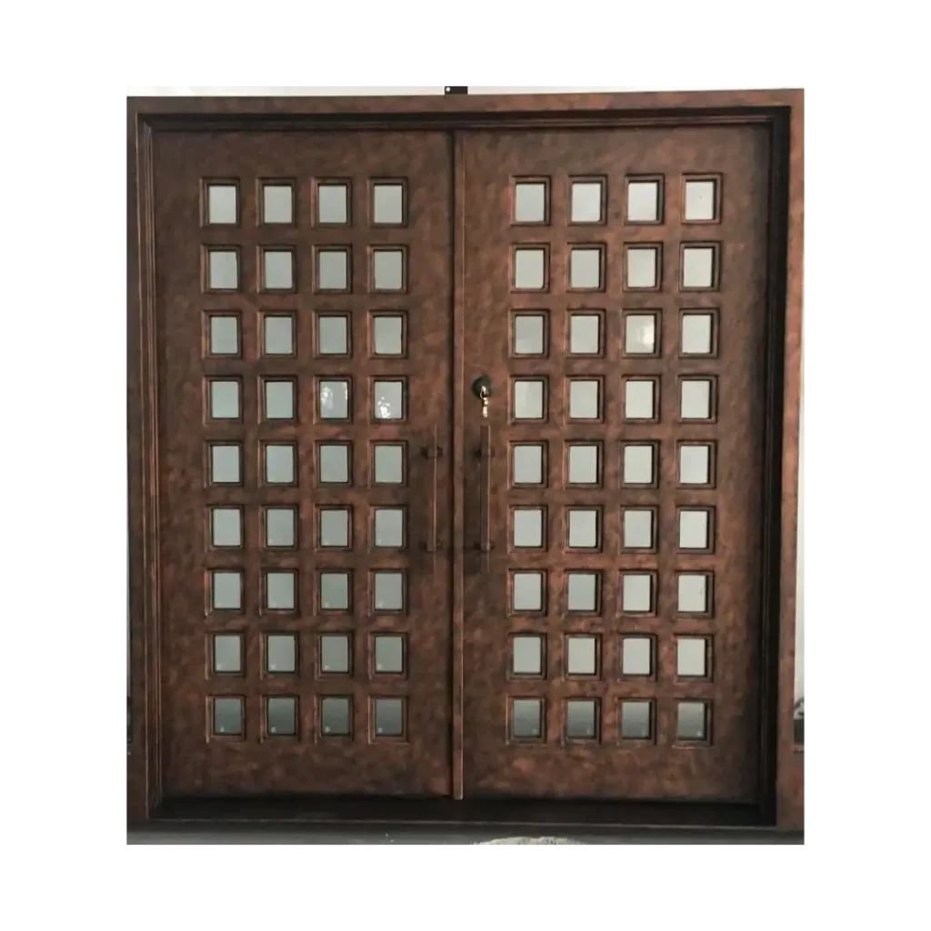 Double wrought iron entry door EL1000 with square glass grid design, handcrafted for timeless beauty, durability, and home security.