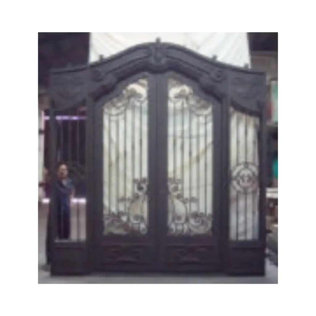 Double wrought iron door EL1001 with ornate scrollwork and arched top, handcrafted for luxury design, durability, and lasting elegance.