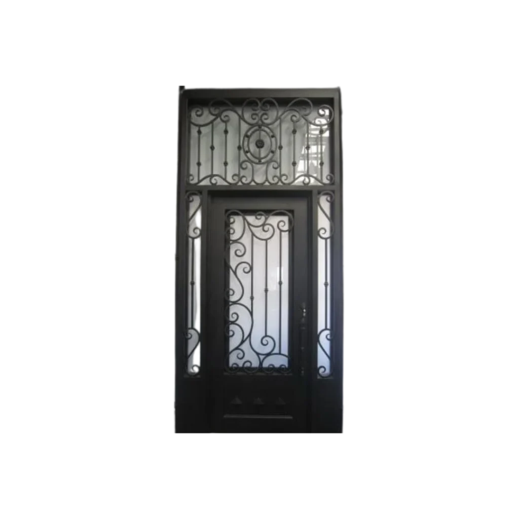 Single wrought iron door EL1083 MCD with scroll panels and transom, handcrafted for elegance and durability.