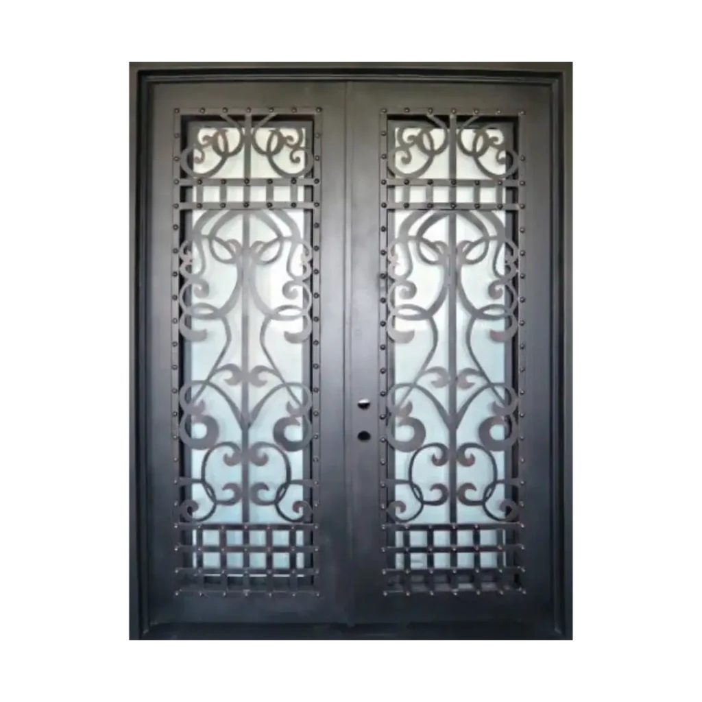 Ornate Arabian style wrought iron door EL973 MCD with scroll and glass panels, handcrafted for elegance and durability.