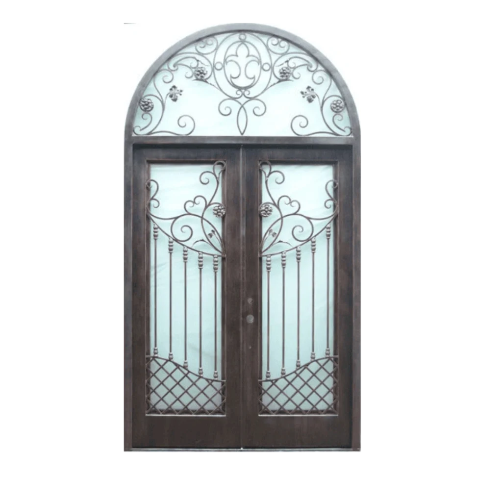 Arched wrought iron door EL986 MCD with ornate scrollwork, handcrafted for strength, elegance, and timeless entryway appeal.