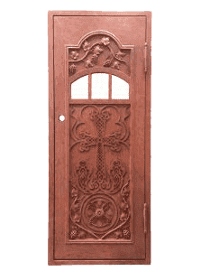 Hand-carved redwood church door EX7023 MCD with cross carvings and ornate detailing
