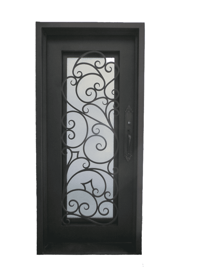 Single wrought iron door EL1037 MCD with vertical scrolls and glass, handcrafted for strength, elegance, and security.