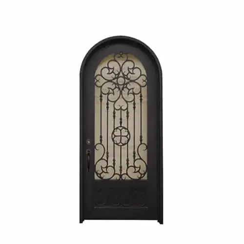 Single arched wrought iron door EL1064 with scroll crown design and glass, handcrafted for strength and elegance.