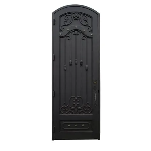 Single arched wrought iron door EL1072 MCD with fortress-style solid panel and rivets, handcrafted for durability and strength.