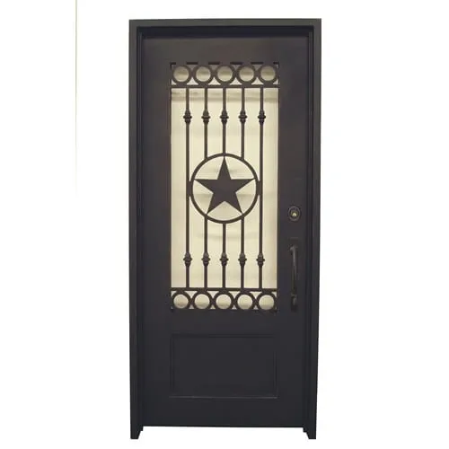 Single wrought iron door EL1073 MCD with star medallion centerpiece and glass, handcrafted for strength and elegance.