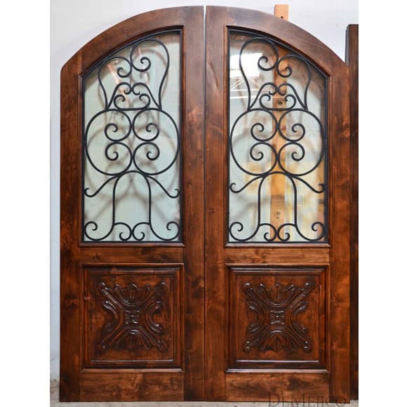 decorative wood entry door iron scroll glass panels EH514 MCD