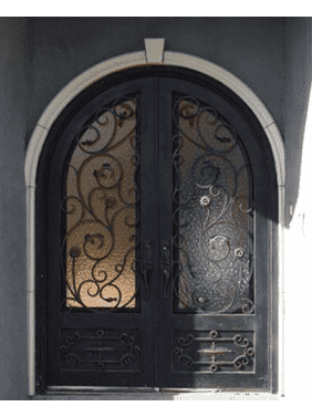 Double arched wrought iron door EL971 MCD with classic scrollwork and glass, handcrafted for strength and elegance.