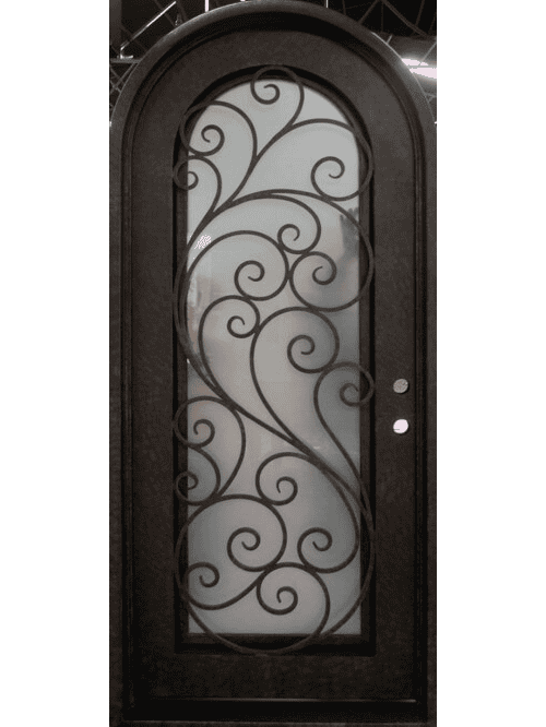 Arched wrought iron door EL977 MCD with swirl design, durable and stylish entry.