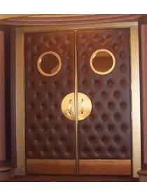 Brown leather padded home theater door with dual brass portholes HT86 MCD