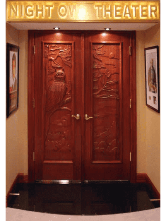 Hand-Carved Mahogany Home Theater Door with Night Owl Design HT44 MCD