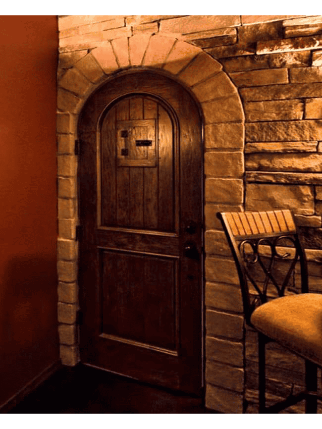 Rustic arched wood wine cellar door with speakeasy grill WD4014