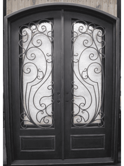 EL2080 MCD arched double wrought iron door with flowing scroll grille and insulated glass panels