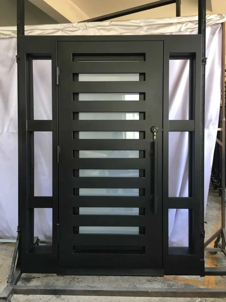 Modern wrought iron door EL1133 MCD with horizontal frosted glass panels, powder-coated for strength and elegance.
