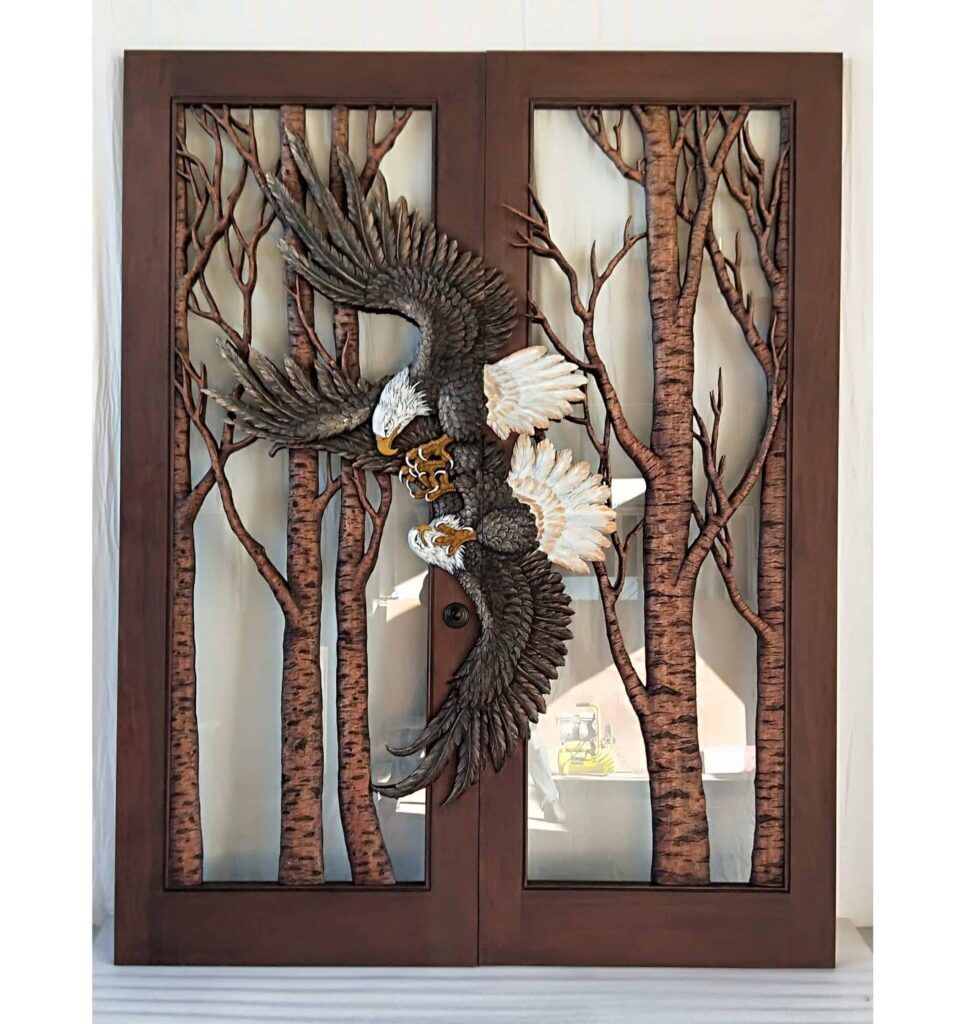 eagle forest hand-carved wood door with glass HCD2023 MCD