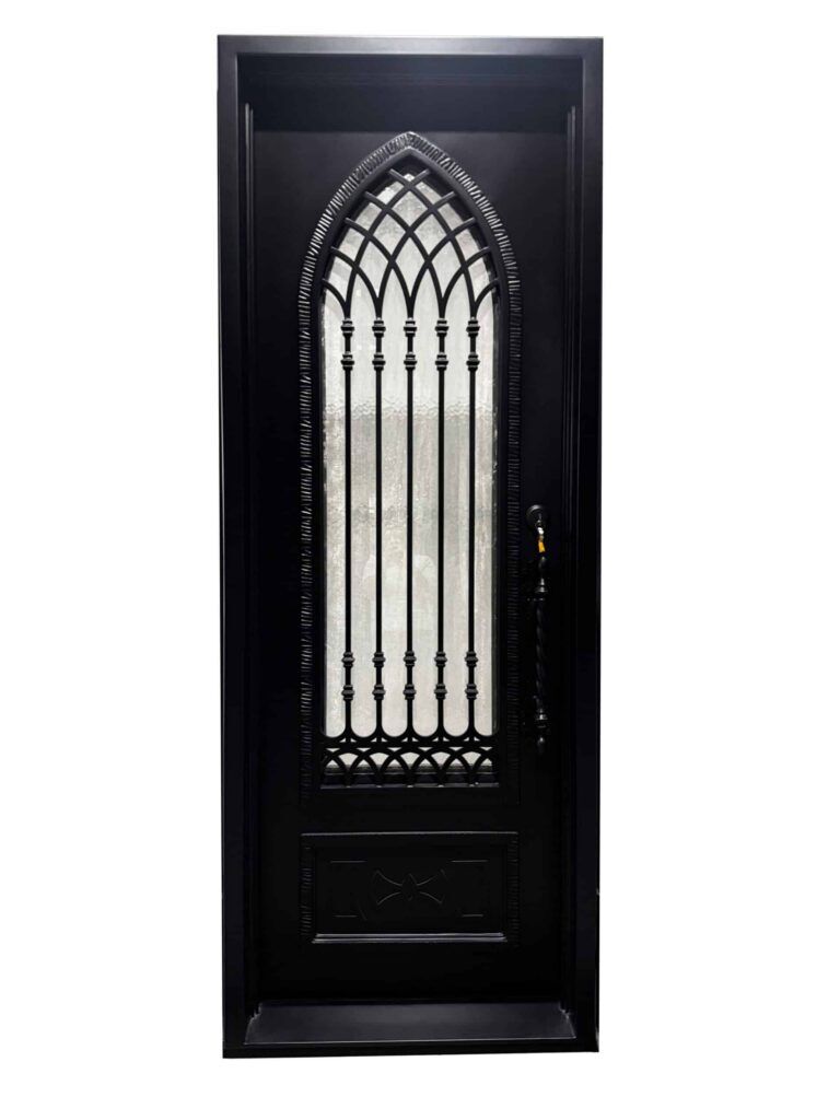 EL1577 MCD Gothic arch wrought iron single door with spear grille and insulated textured glass