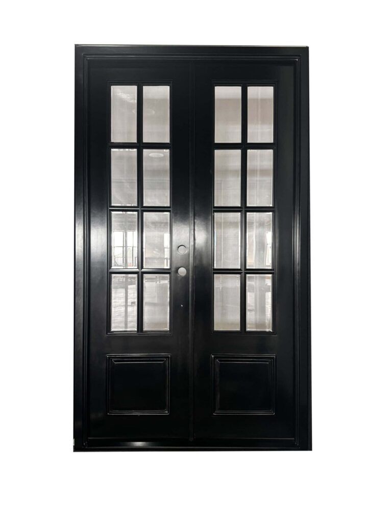 EL1576 MCD double wrought iron door with divided light insulated glass panels and solid lower sections