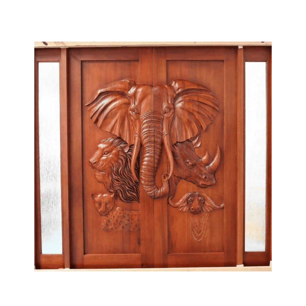 elephant wildlife double hand-carved wood door HCD5000 MCD