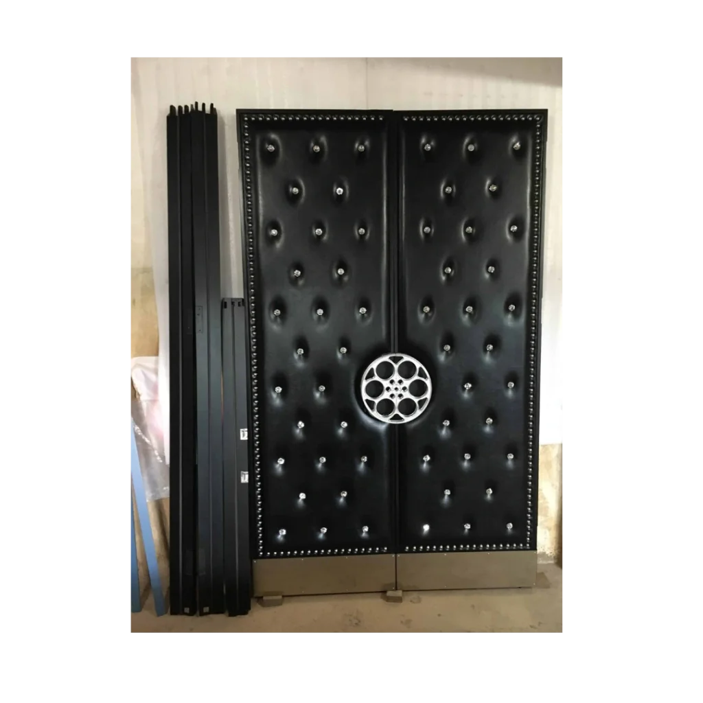 Cinematic black tufted home theater door with central film reel design, HT3003 MCD