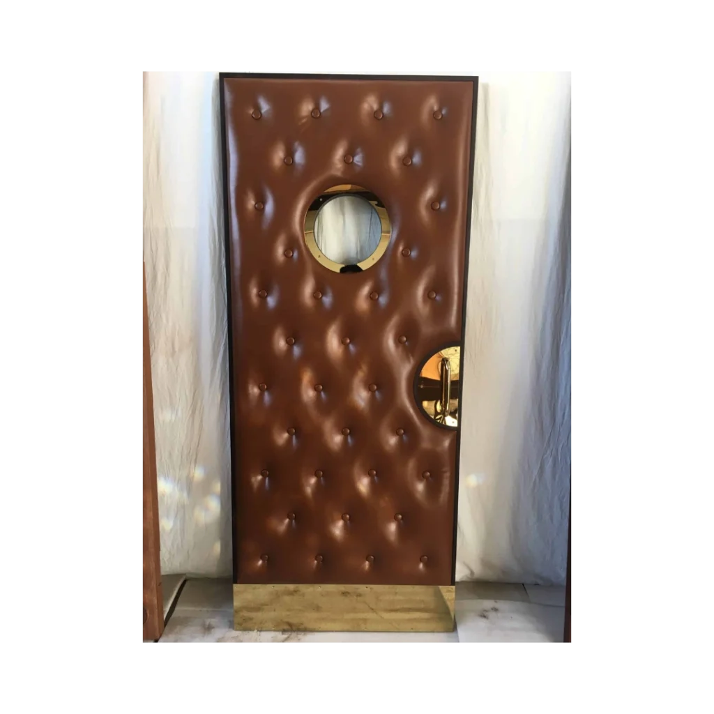 Brown leather soundproof home theater door with circular viewing window – HT3008 MCD