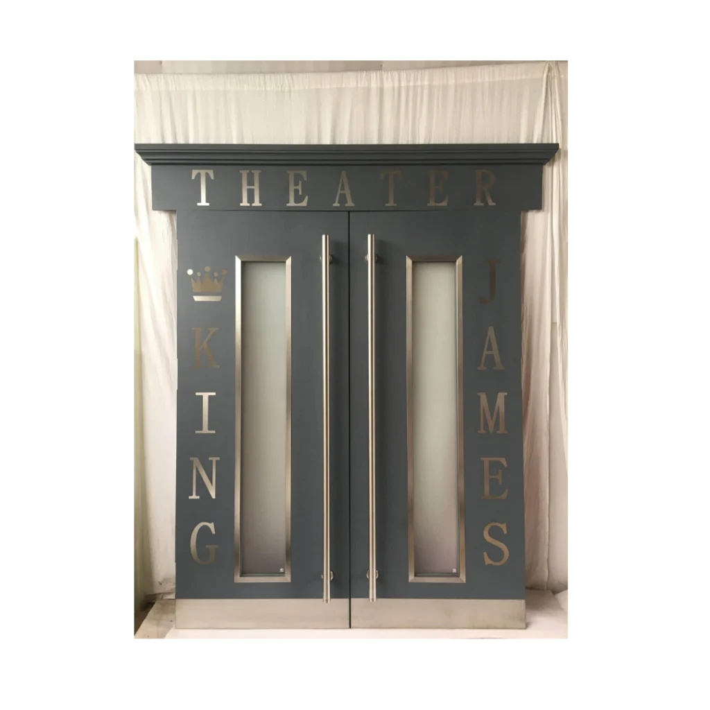 Custom gray double home theater door with engraved “Theater” marquee lettering – HT3015 MCD