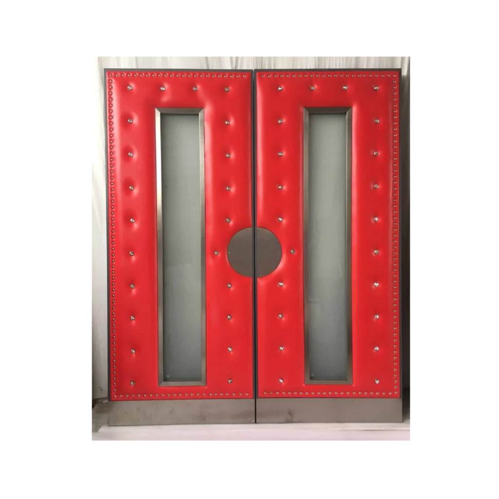 Red leather home theater door with frosted glass panels and metallic trim – HT3016 MCD