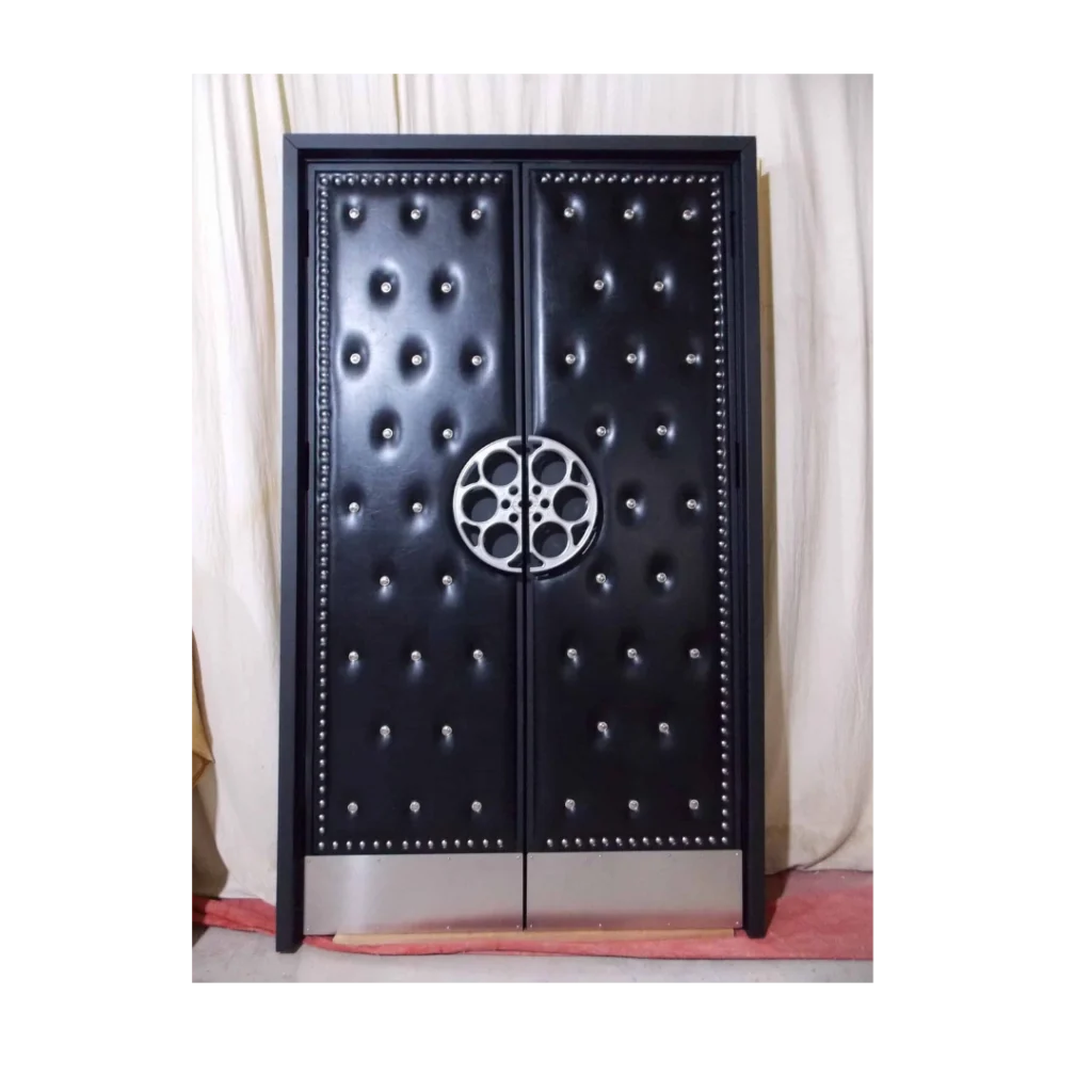 Black tufted home theater door with silver film reel centerpiece – HT3019 MCD