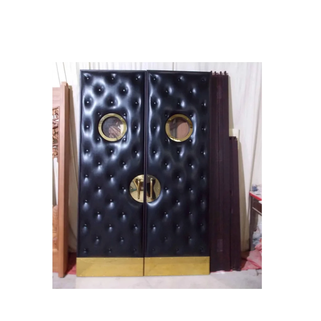 Black padded leather home theater door with dual brass portholes and gold base trim – HT3020 MCD