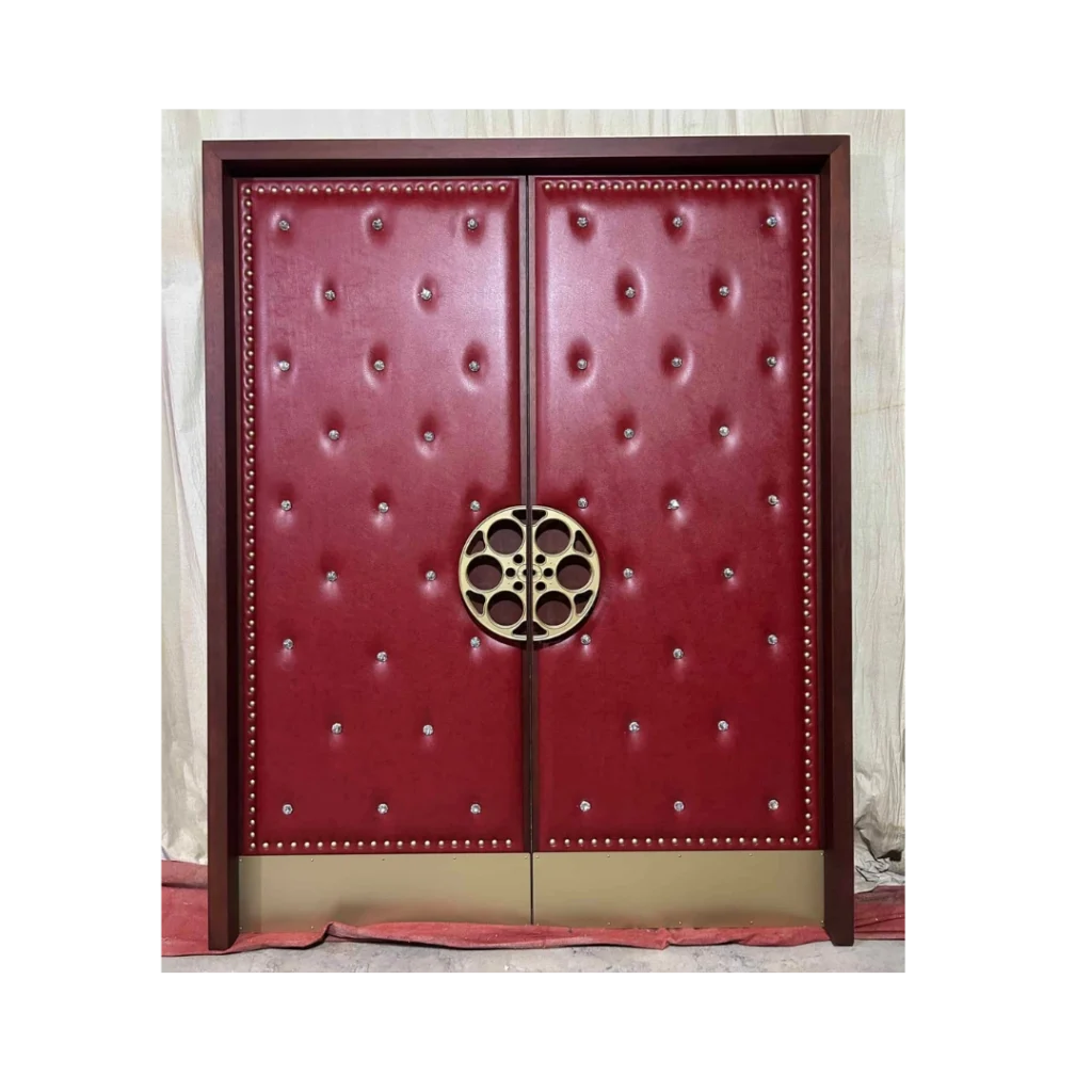 Red leather home theater door with brass film reel centerpiece – HT3025 MCD