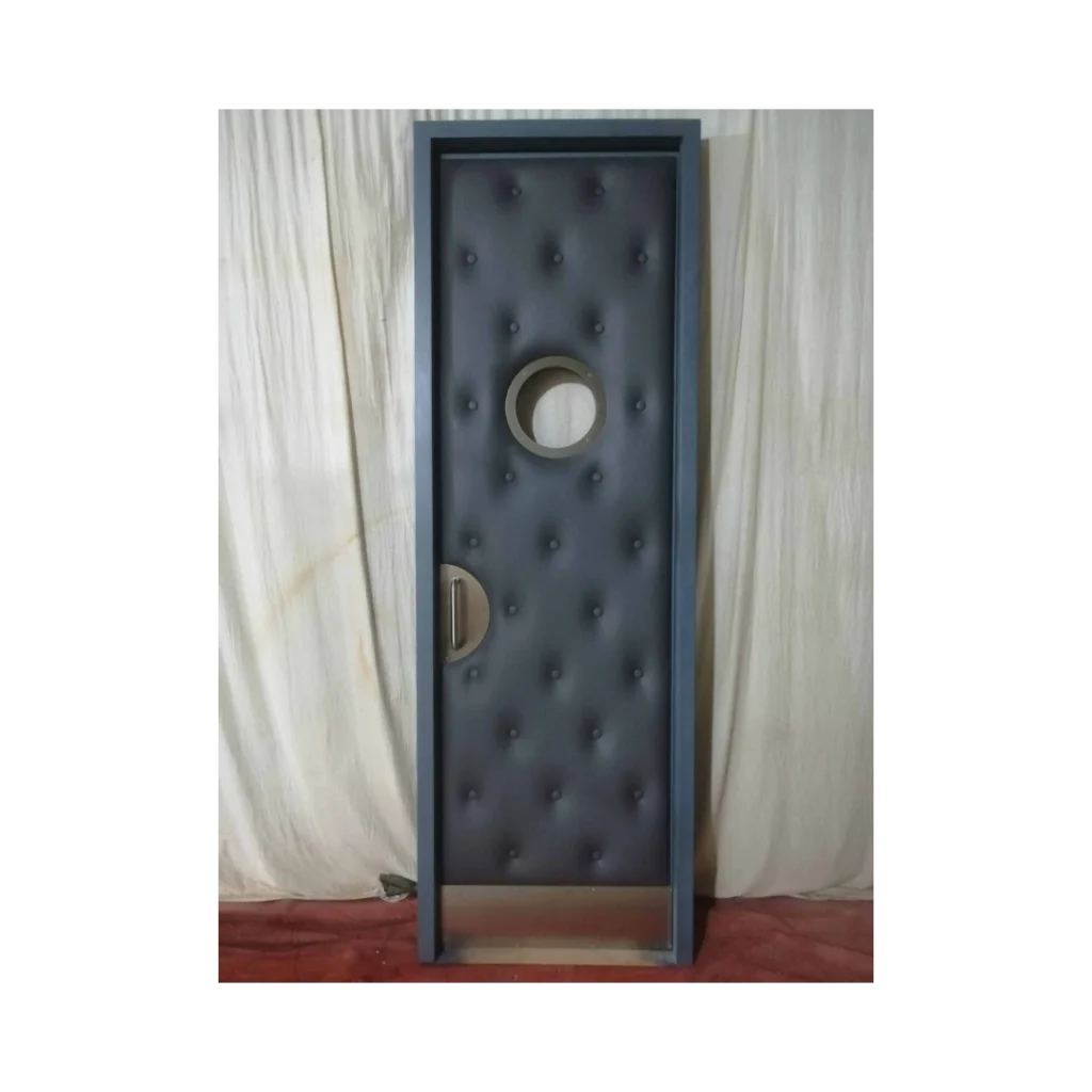 Black tufted home theater door with brass porthole and slim design – HT3028 MCD