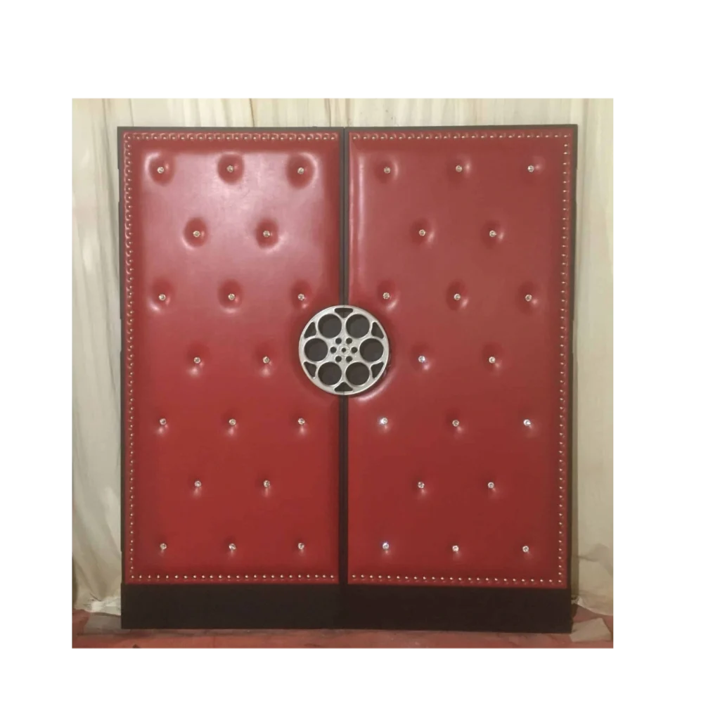 Red tufted home theater door with silver film reel centerpiece – HT3029 MCD