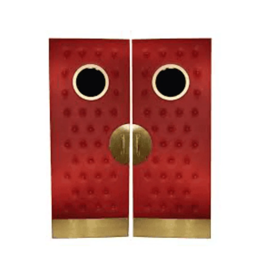 Red leather padded home theater door with gold trim and dual portholes – HT87 MCD