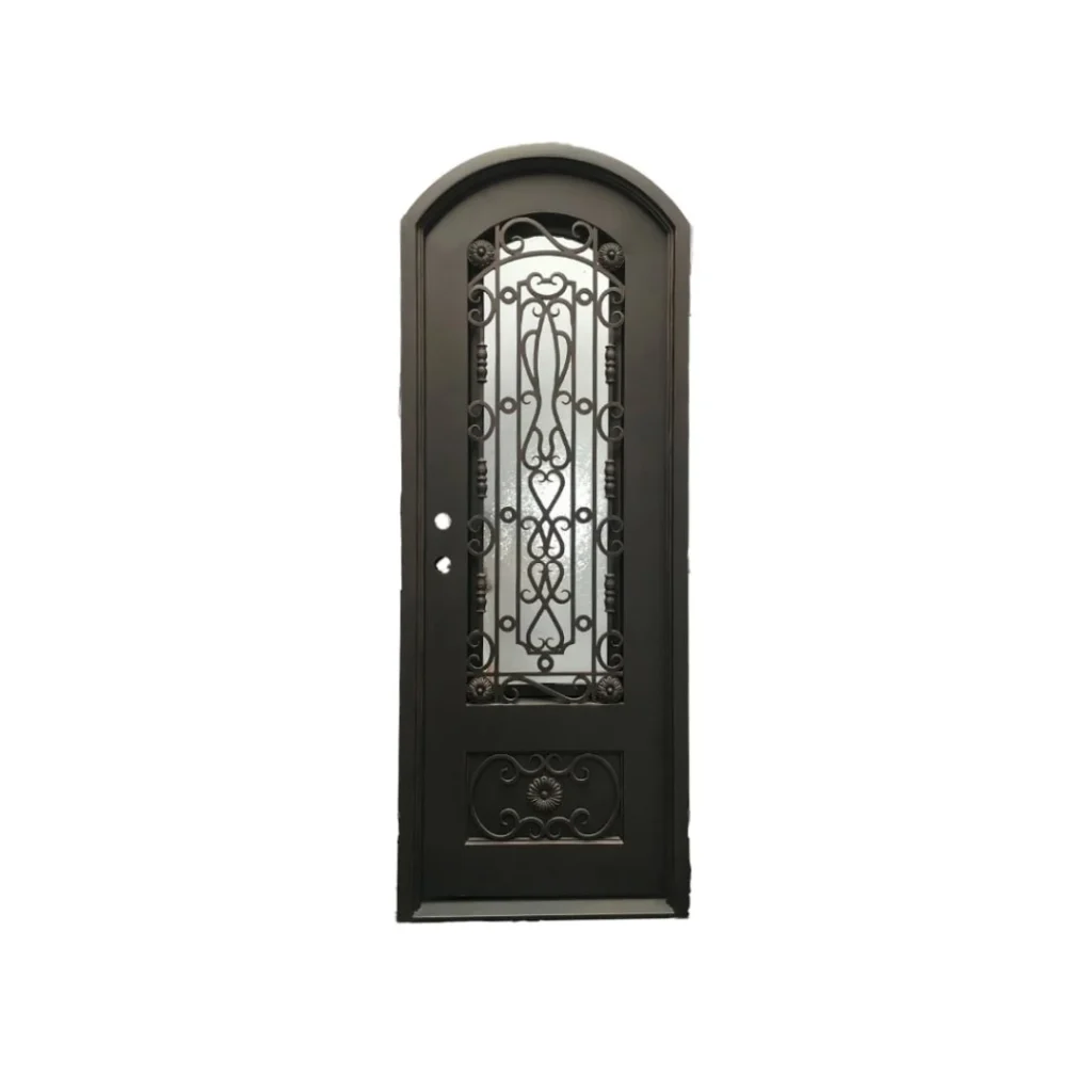 Single wrought iron door EL1176 MCD with eyebrow arch and scroll panels, hand-forged for compact elegance.