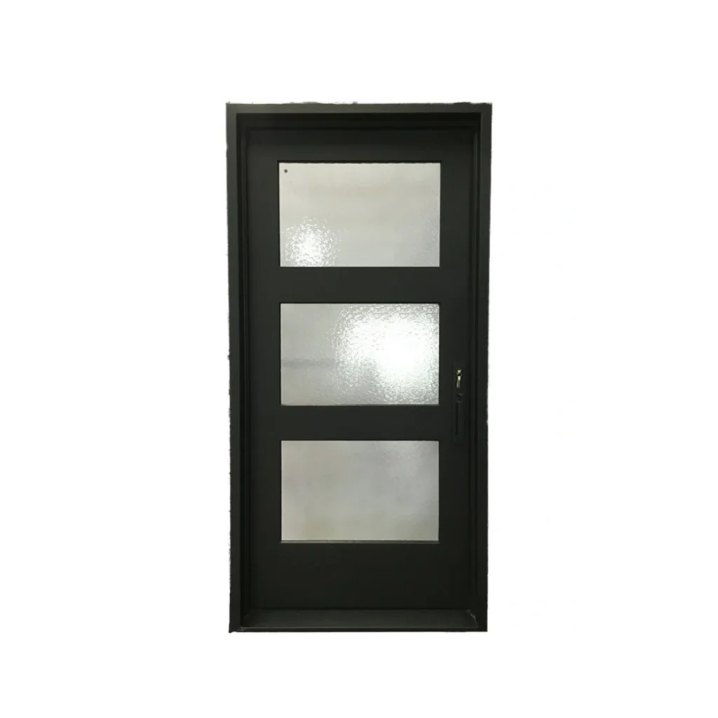 Contemporary style wrought iron door EL1182 MCD with three frosted glass panels, designed for modern privacy.