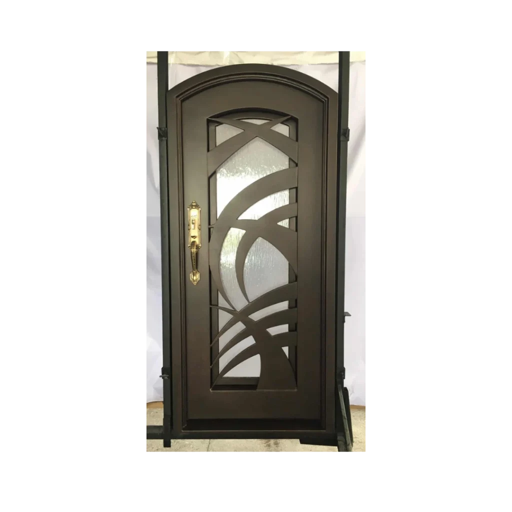 Modern wrought iron door EL1196 MCD with abstract arches and frosted glass, handcrafted for modern luxury.