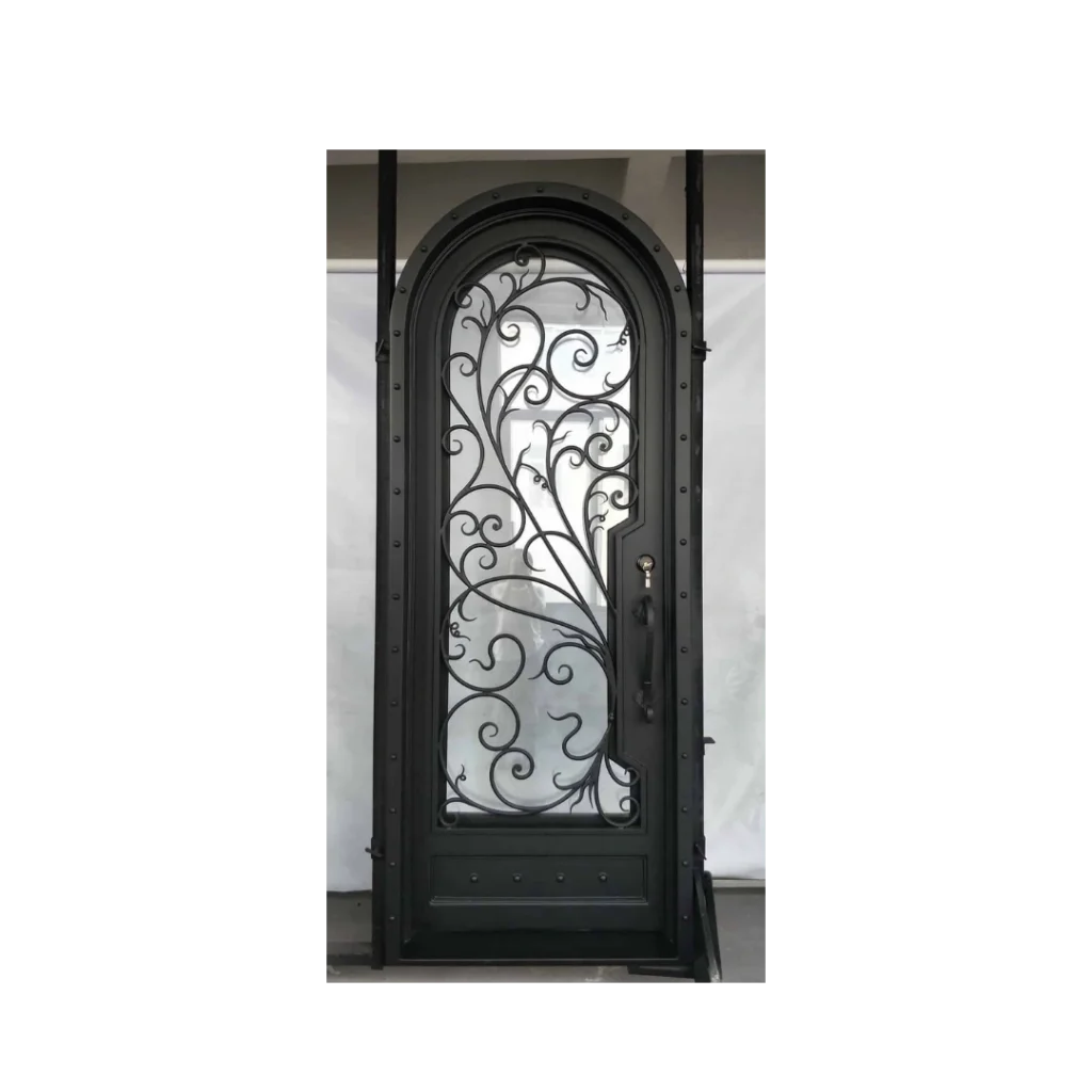 Arched scrollwork wrought iron single door EL1364 MCD with clear glass and handcrafted iron detailing