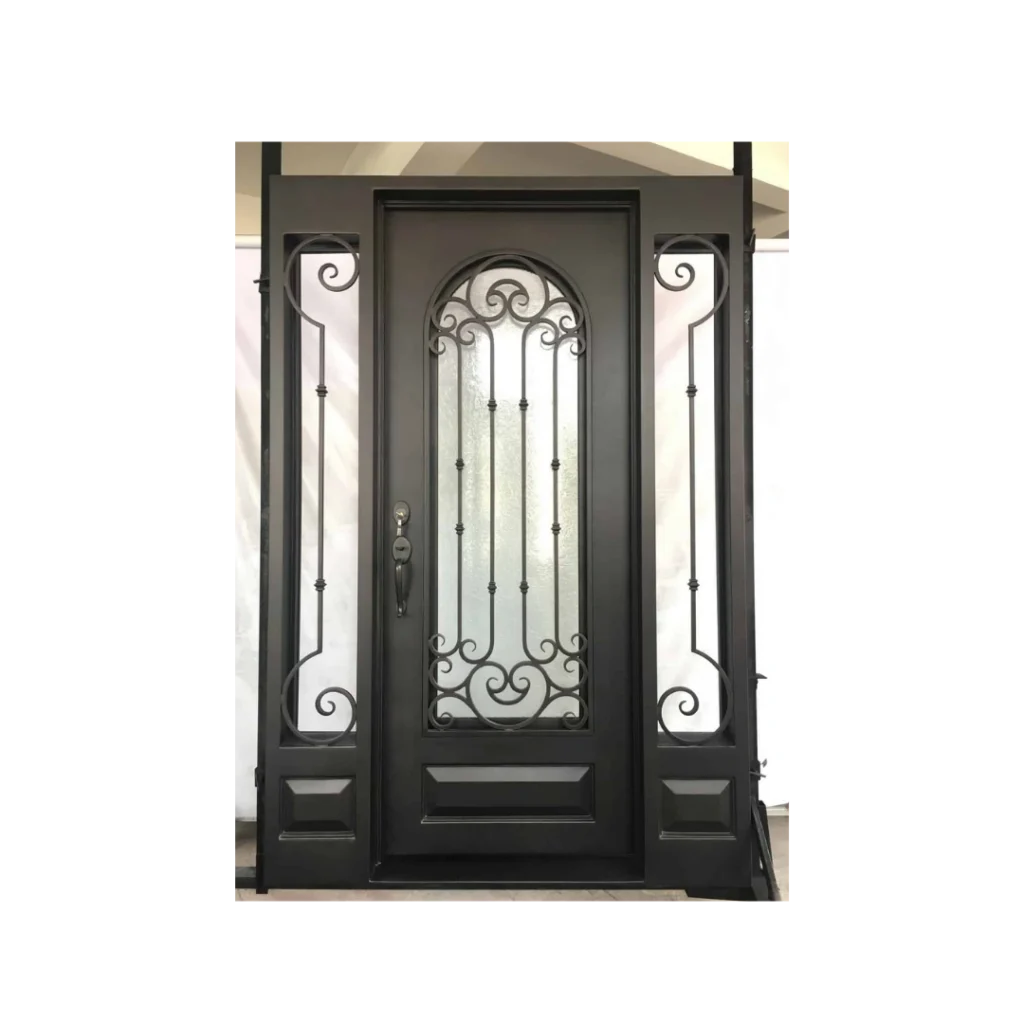 Radius top wrought iron single door EL1436 MCD with decorative scroll grille and textured glass
