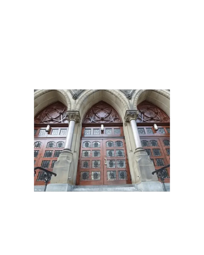 Gothic church door EX7019 MCD with stained glass panels and carved wood frame