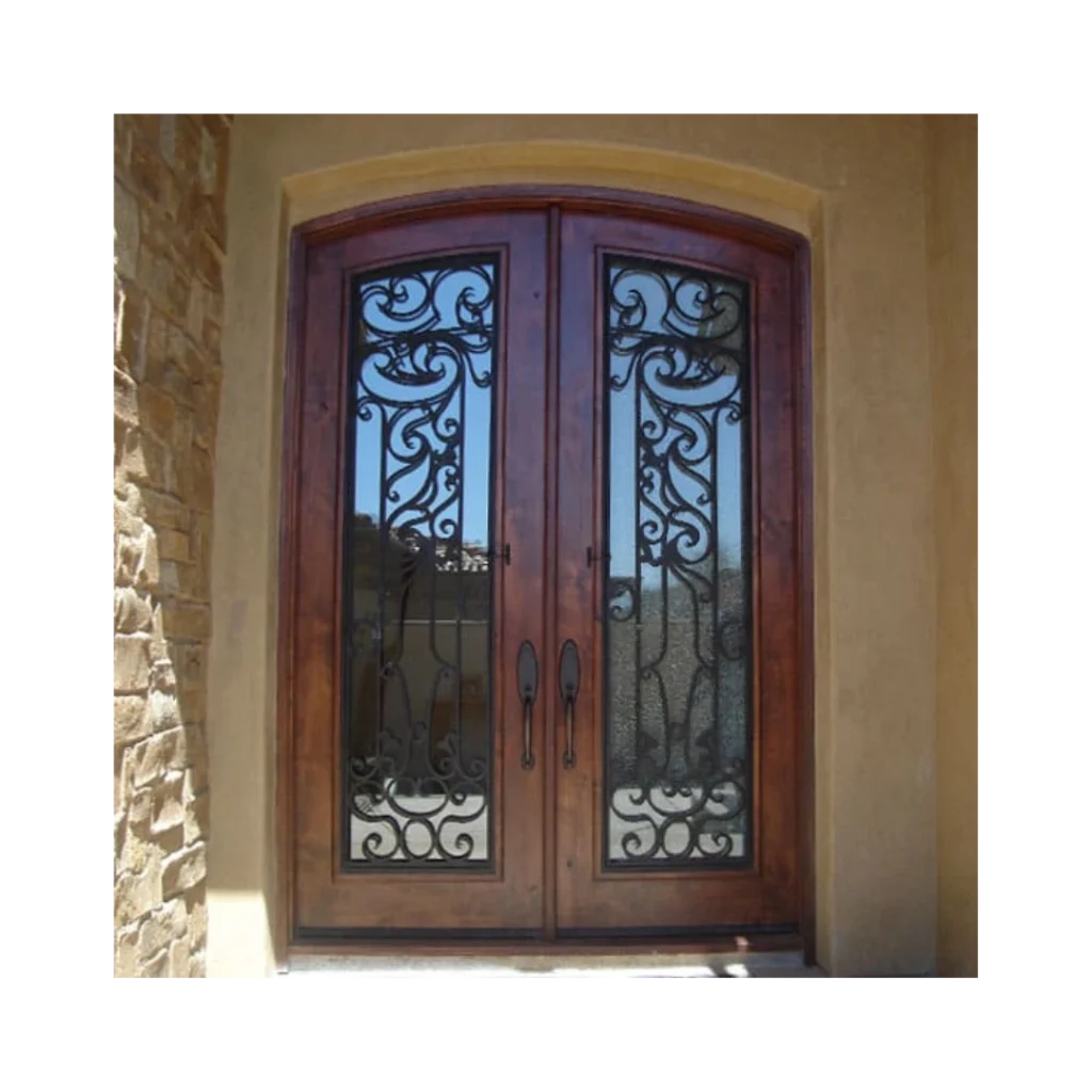 wood entry door iron scroll glass EH562 MCD