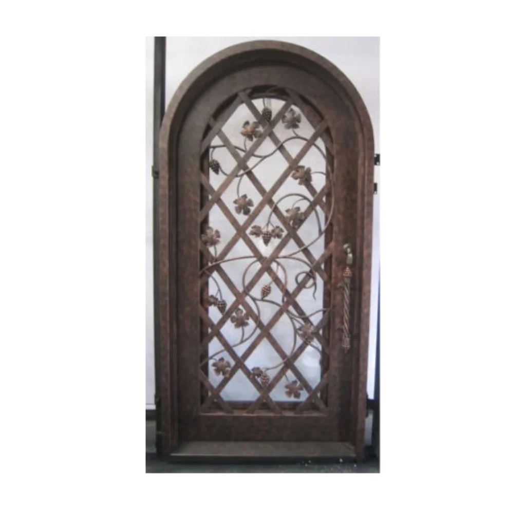 Arched iron wine cellar door with diamond vine lattice and grape accents WD4004