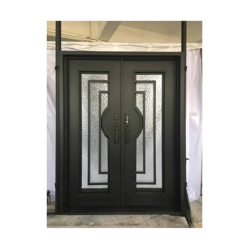 Modern geometric wrought iron double door EL1168 MCD with layered panels and contemporary styling.